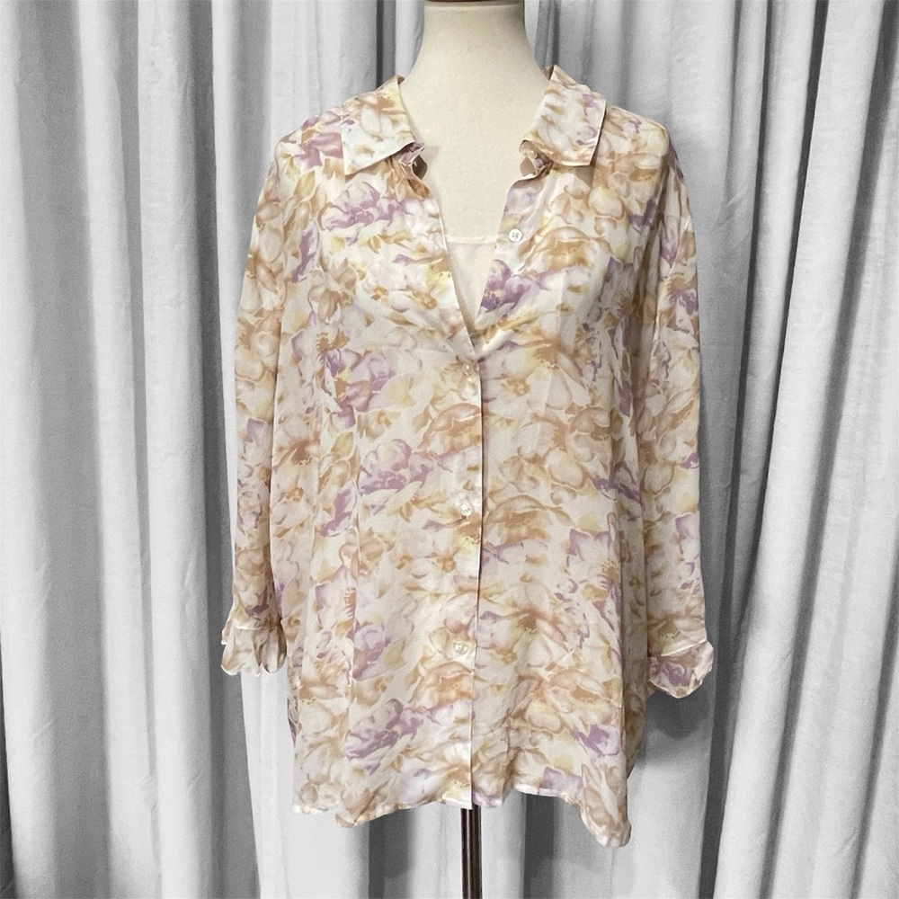 Jaclyn Smith 2X Floral Button-Down Shirt Cami Two Pc Set 100% Silk Lagenlook